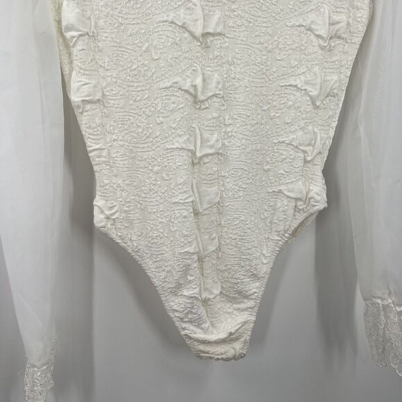 VTG Bhatti France Lace Ruffle Bodysuit Shoulder Pads Victorian S/M Classy - Picture 13 of 16